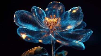 Poster - A glowing, digital flower with holographic neon petals and a glowing wireframe stem, representing the fusion of nature and technology in a futuristic bloom
