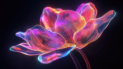 Poster - A glowing, digital flower with holographic neon petals and a glowing wireframe stem, representing the fusion of nature and technology in a futuristic bloom