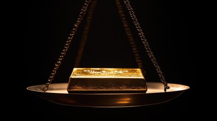 Poster - A gold bar placed on a scale, illuminated by soft studio lighting, creating a striking contrast against the dark background to showcase the weight and value
