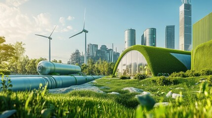 Aufkleber - A green factory with an integrated hydrogen pipeline and wind turbines in the background, highlighting the role of renewable energy in modern industrial settings