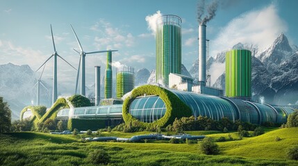 Aufkleber - A high-tech green factory with hydrogen pipelines and wind turbines, symbolizing a sustainable approach to energy production and environmental stewardship