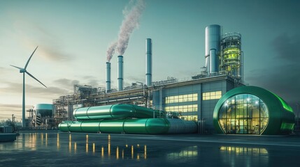 Aufkleber - A high-tech green factory with hydrogen pipelines and wind turbines, symbolizing a sustainable approach to energy production and environmental stewardship