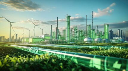 Aufkleber - A high-tech green factory with hydrogen pipelines and wind turbines, symbolizing a sustainable approach to energy production and environmental stewardship