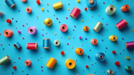 Poster - A lively collection of colorful spools of thread spread across a bright blue background, creating a cheerful and creative atmosphere