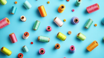 Poster - A lively collection of colorful spools of thread spread across a bright blue background, creating a cheerful and creative atmosphere