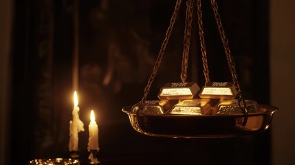 Poster - A luxurious golden scale holding gold bars, set against a dark background, highlighting the precious nature of gold and its role in global finance