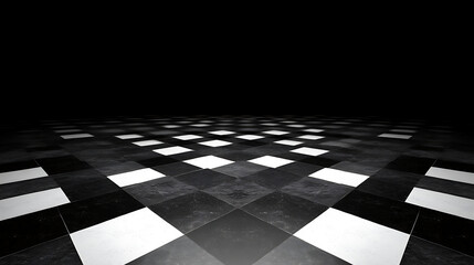 Poster - Black and White Checkerboard Floor Pattern in Dim Room Perspective Abstract Composition Art Piece