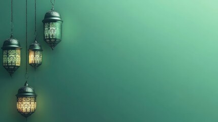 Poster - A minimalist green background featuring delicate Eid Mubarak and Ramadan motifs, ideal for creating serene, elegant designs during the holiday season