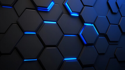Poster - Black Hexagons with Blue Lighting Futuristic Design Pattern for Technology Background and Wallpaper