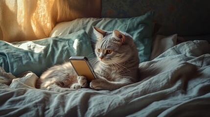 Poster - A playful cat with a phone on a bed, showcasing a lighthearted and curious moment of feline mischief and fun in a cozy atmosphere
