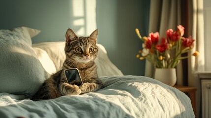 Poster - A playful cat with a phone on a bed, showcasing a lighthearted and curious moment of feline mischief and fun in a cozy atmosphere