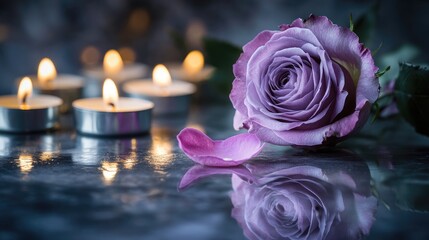 Poster - A purple rose delicately placed next to flickering candles on a reflective surface, evoking a peaceful and somber atmosphere of remembrance