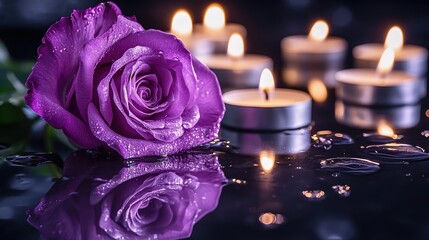 Poster - A purple rose delicately placed next to flickering candles on a reflective surface, evoking a peaceful and somber atmosphere of remembrance
