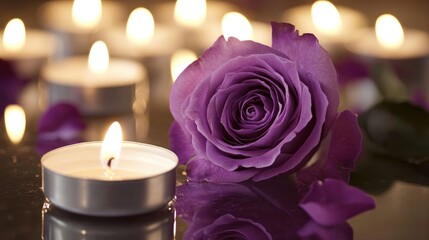 Poster - A purple rose delicately placed next to flickering candles on a reflective surface, evoking a peaceful and somber atmosphere of remembrance