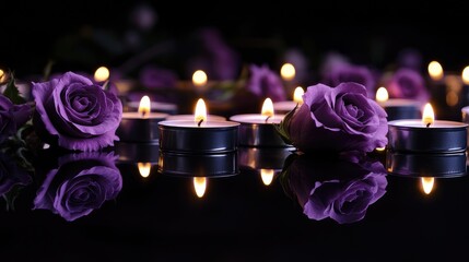 Poster - A reflective black surface with purple roses and glowing candles arranged in a serene, tranquil manner, capturing a somber and respectful ambiance