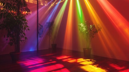 Poster - A serene and magical scene with vibrant beams of multicolored light illuminating a dim room, creating a warm and inviting atmosphere