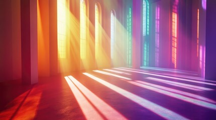 Poster - A serene and magical scene with vibrant beams of multicolored light illuminating a dim room, creating a warm and inviting atmosphere