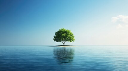Poster - A serene island landscape with a single tree, surrounded by tranquil waters and under a clear blue sky, providing ample space for design elements or text