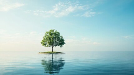 Poster - A serene island landscape with a single tree, surrounded by tranquil waters and under a clear blue sky, providing ample space for design elements or text