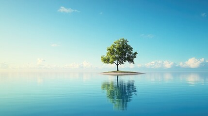 Poster - A serene island landscape with a single tree, surrounded by tranquil waters and under a clear blue sky, providing ample space for design elements or text