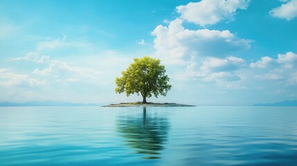 Poster - A serene island landscape with a single tree, surrounded by tranquil waters and under a clear blue sky, providing ample space for design elements or text