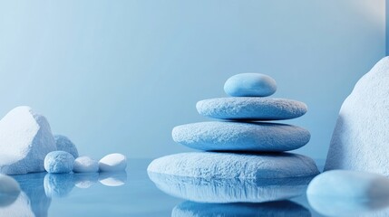 Poster - A serene, minimalist scene of blue geometric stones and rocks, placed carefully to create a calming, modern, and artistic atmosphere