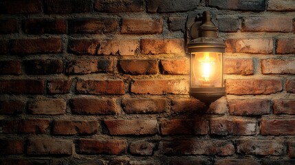 Poster - A solitary gas light flickers on a textured brick wall, illuminating the space with warm light and evoking a timeless, nostalgic atmosphere for historical or vintage shots
