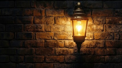 Poster - A solitary gas light flickers on a textured brick wall, illuminating the space with warm light and evoking a timeless, nostalgic atmosphere for historical or vintage shots