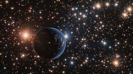 Poster - A stunning cosmic scene of space-time curvature around a massive celestial object, with bright, glowing stars scattered across the dark expanse of space