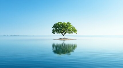 Aufkleber - A tranquil island scene with a single tree surrounded by calm water, the clear blue sky creating a serene environment with room for copy or design