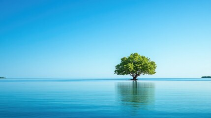 Aufkleber - A tranquil island scene with a single tree surrounded by calm water, the clear blue sky creating a serene environment with room for copy or design