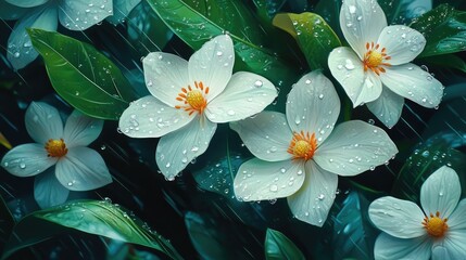 Wall Mural - A vibrant close-up of white blooms with golden centers, kissed by rain and set against rich green garden foliage, creating a tranquil, nature-filled scene