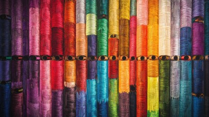 Poster - A vibrant display of colorful spools of thread arranged in a stunning pattern, showcasing a spectrum of textiles perfect for sewing and DIY projects
