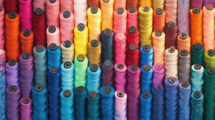 Poster - A vibrant display of colorful spools of thread arranged in a stunning pattern, showcasing a spectrum of textiles perfect for sewing and DIY projects