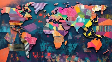 Poster - A vibrant world map featuring geometric patterns and bright colors, offering a modern, artistic take on global geography and design