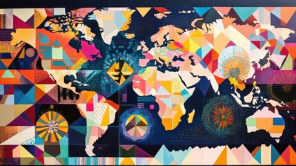 Poster - A vibrant world map featuring geometric patterns and bright colors, offering a modern, artistic take on global geography and design