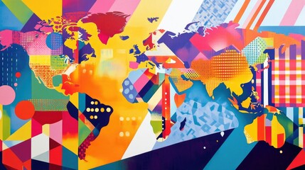 Poster - A vibrant world map featuring geometric patterns and bright colors, offering a modern, artistic take on global geography and design
