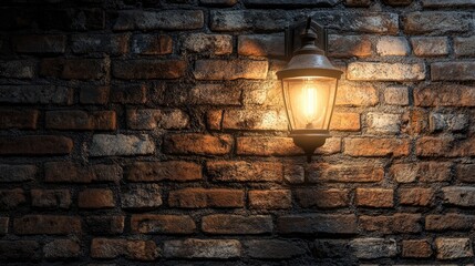 Poster - A vintage gas light casting soft light against a textured brick wall, evoking nostalgia and charm, ideal for capturing the essence of historical or evening settings