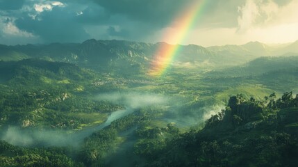 Poster - A wide-angle view of a double rainbow stretching across a lush green valley, mist from a recent summer rain enhancing the serene atmosphere