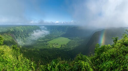 Poster - A wide-angle view of a double rainbow stretching across a lush green valley, mist from a recent summer rain enhancing the serene atmosphere
