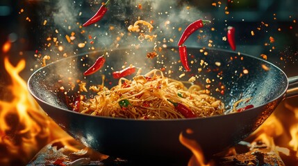 Poster - A wok pan filled with flying noodles, red chili peppers, and soy sauce splashes, with a fiery glowing background, creating a dynamic and appetizing scene
