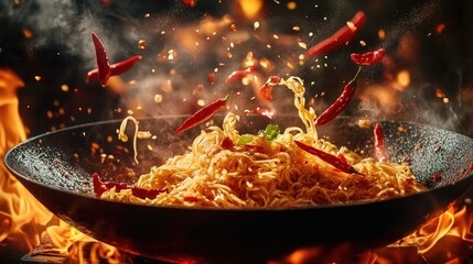 Poster - A wok pan filled with flying noodles, red chili peppers, and soy sauce splashes, with a fiery glowing background, creating a dynamic and appetizing scene
