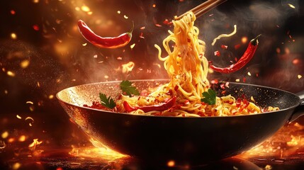 Poster - A wok pan filled with flying noodles, red chili peppers, and soy sauce splashes, with a fiery glowing background, creating a dynamic and appetizing scene
