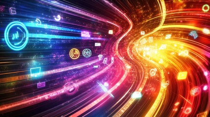 Poster - Abstract background of neon lines swirling, representing the flow of data, with communication icons embedded throughout to illustrate a tech-driven world