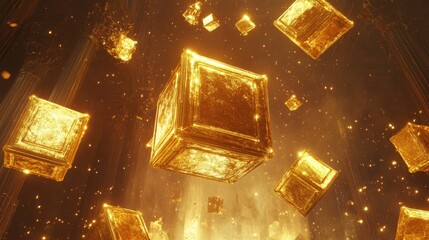 Poster - Abstract scene of floating golden cubes in a luxurious environment, surrounded by glowing elements that exude wealth, elegance, and refinement
