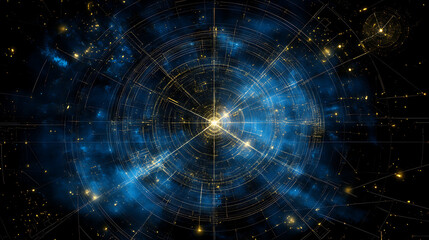 Poster - Circular Celestial Blueprint Universe Constellation with Radial Design and Cosmic Glow Light Effects