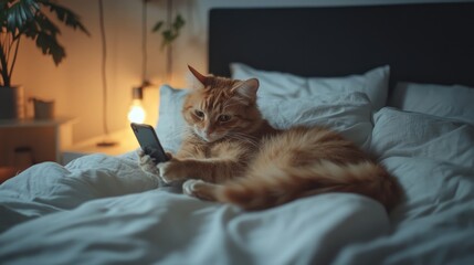 Poster - An adorable cat in bed, interacting with a phone, embodying playful curiosity and charm in a cozy and inviting bedroom space