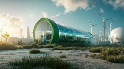 Poster - An advanced green factory with a visible hydrogen pipeline, surrounded by wind turbines, showcasing the innovation of renewable energy solutions