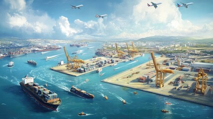 Poster - An aerial view of a bustling logistics hub with cranes loading ships, and trucks and planes ready for transport, illustrating the coordination of global trade