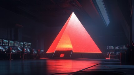 Poster - A sleek, futuristic glowing pyramid structure in a high-tech office, surrounded by digital financial displays.